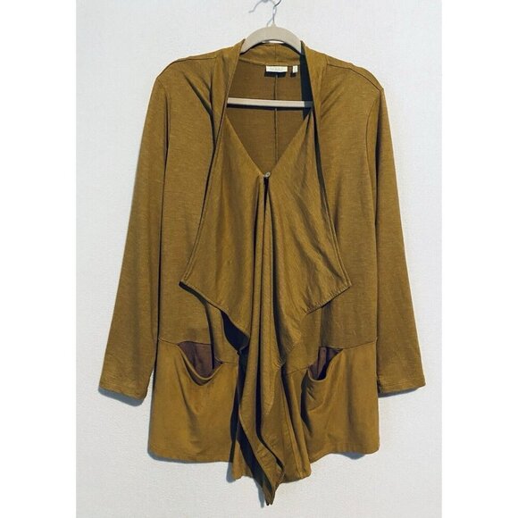 LOGO Lori Goldstein Cardigan Womens 1X Brown French Terry Faux Suede Pockets - Picture 2 of 7